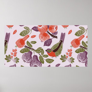 bird in a fruit garden. seamless pattern poster