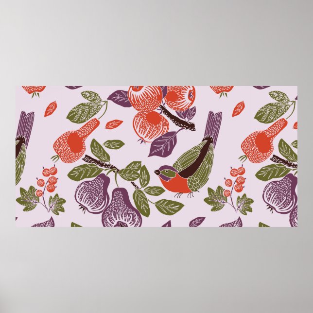 bird in a fruit garden. seamless pattern poster (Front)