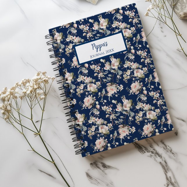 Bird in Blossom Navy Personalised Journal Notebook (Bird Blossom Navy Spiral Notebook)
