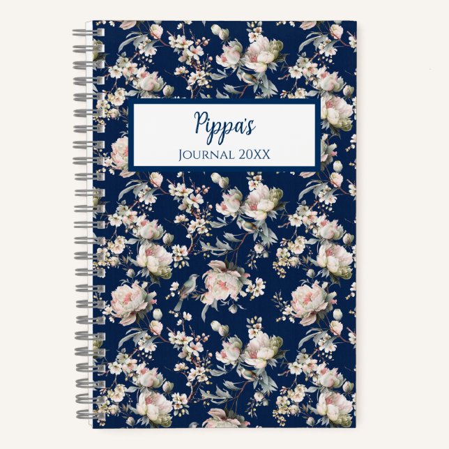 Bird in Blossom Navy Personalized Journal Notebook (Front)