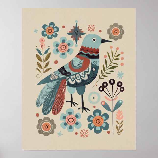 Bird in Forest - Cuckoo in Bloom Folk Art Poster (Front)