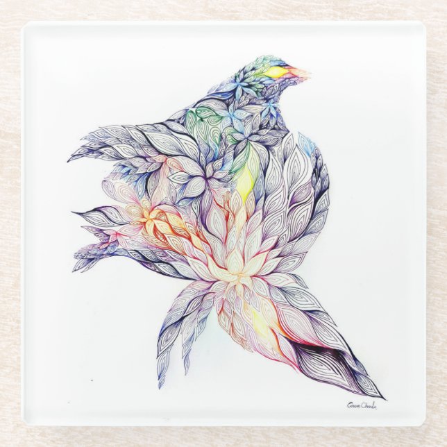 Bird in her nest glass coaster (Front)