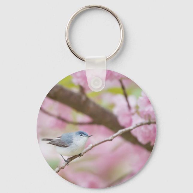 Bird in Pink Blossom Tree Key Ring (Front)