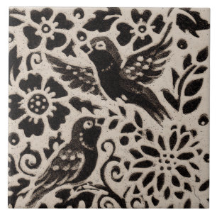 Bird Leaf Batik Stoneware Woodland Animal Tan Grey Ceramic Tile