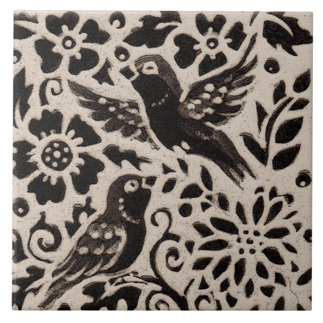 Bird Leaf Batik Stoneware Woodland Animal Tan Grey Ceramic Tile (Front)