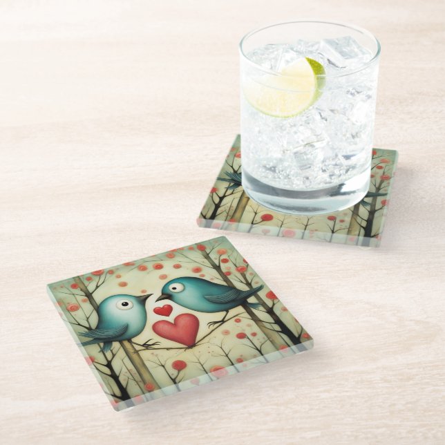 Bird Love 3 Glass Coaster (Angled)