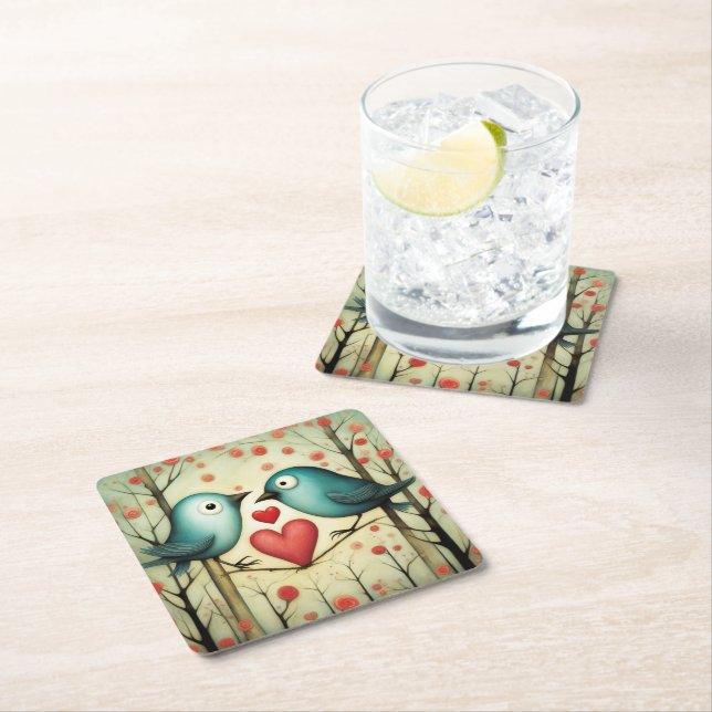 Bird Love 3 Square Paper Coaster (Insitu)