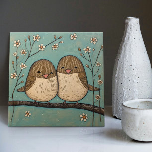 Bird Love Vintage Muted Blue Art Nouveau Ceramic Tile