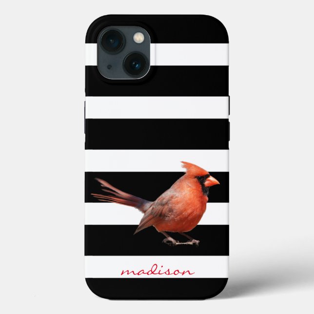 Bird Lover! Red Cardinal on B&W Stripes, w Name  Case-Mate iPhone Case (Back)
