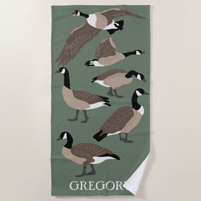Bird Lovers Canada Geese Illustration Personalised Beach Towel (Front)