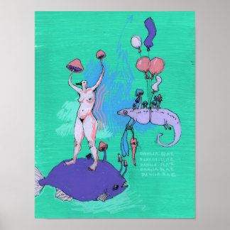 Bird Mushroom Lady and Balloon . Chameleon Poster