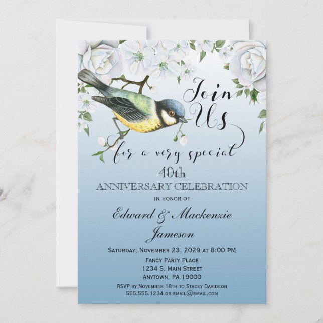 Bird Nature Anniversary Invitation Blue Floral (Front)