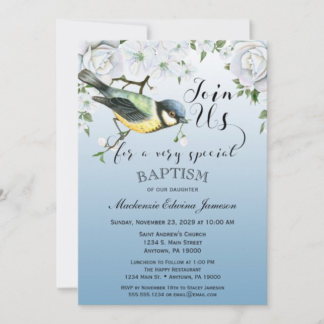 Bird Nature Baptism Invitation Blue Floral (Front)