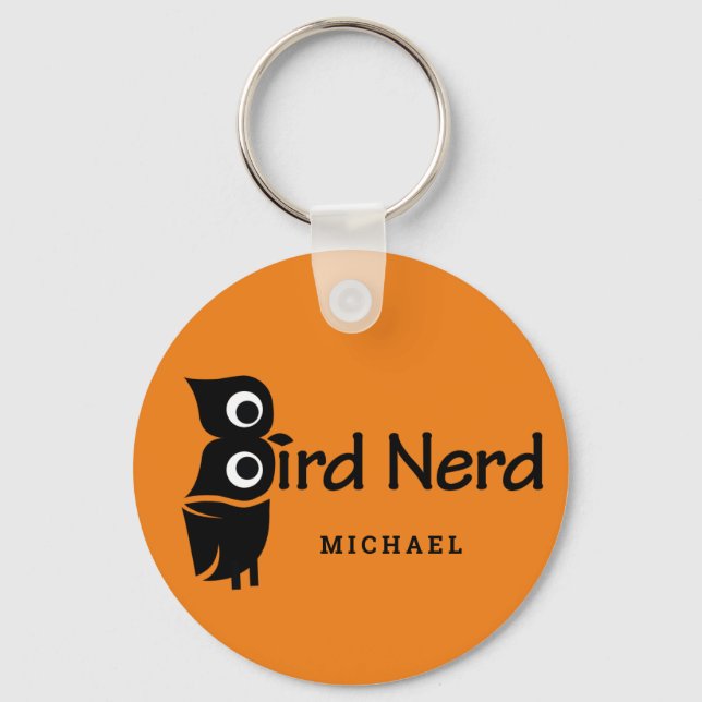 Bird Nerd and Owl Personalized Name Orange Key Ring (Front)