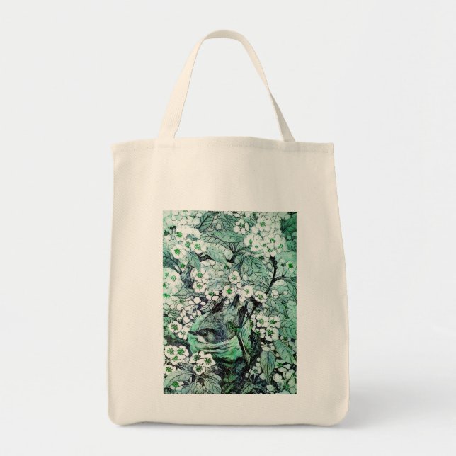 BIRD NEST AMONG SPEING FLOWERS White Green Tote Bag (Front)