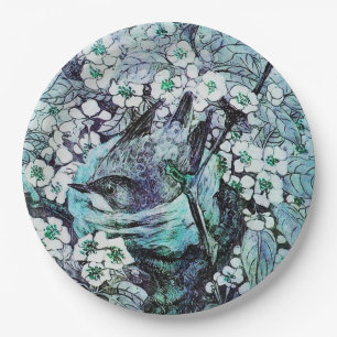 BIRD NEST AMONG SPRING FLOWERS ,White,Blue Teal Paper Plate