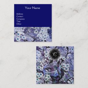 BIRD NEST AND SPRING FLOWERS Monogram Blue White Square Business Card