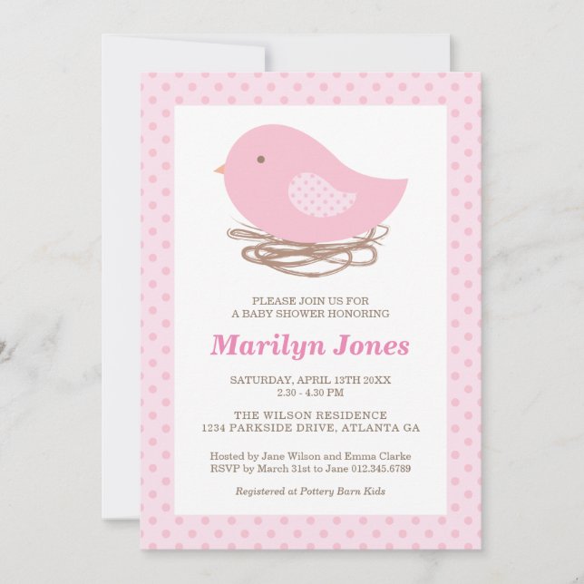 Bird Nest Baby Girl Shower Invitation (Front)