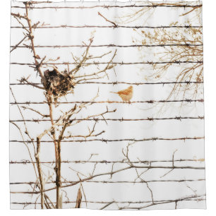 Bird Nest Branches Sparrow and Barbed Wire Nature Shower Curtain