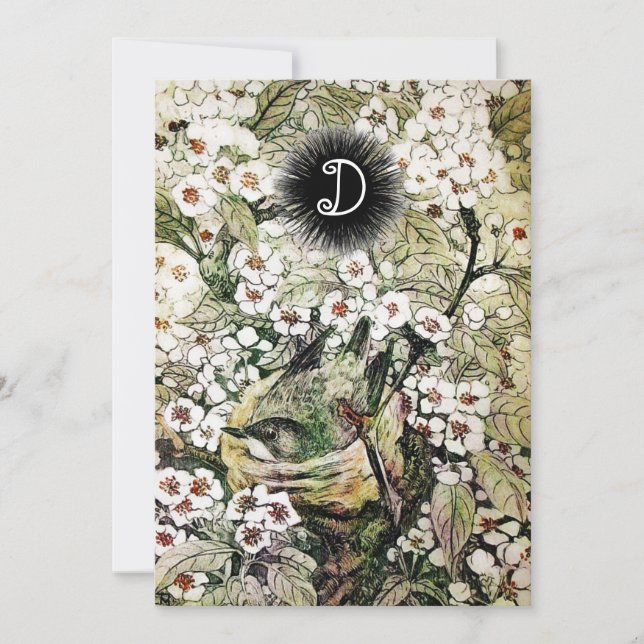 BIRD NEST,BROWN WHITE SPRING FLOWERS MONOGRAM ANNOUNCEMENT (Front)