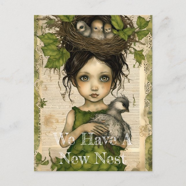 Bird Nest Doll Collage Moving Announcement Postcard (Front)