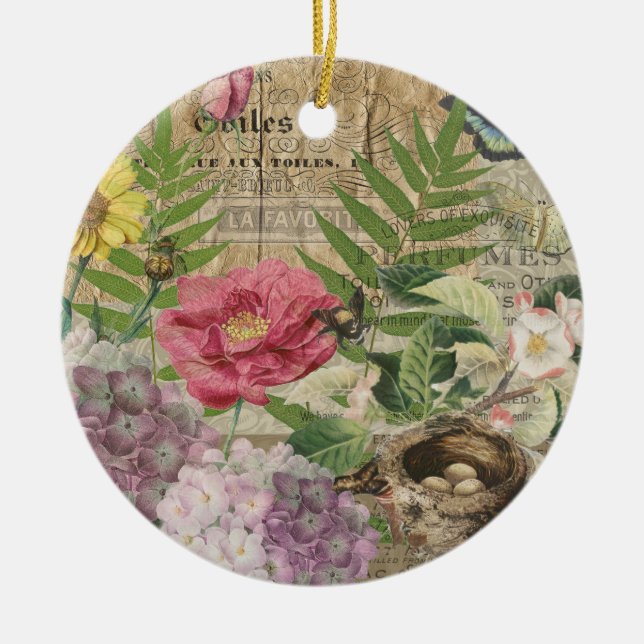 Bird Nest Floral Garden Flower Butterfly Art Ceramic Ornament (Front)