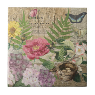 Bird Nest Floral Garden Flower Butterfly Art Ceramic Tile