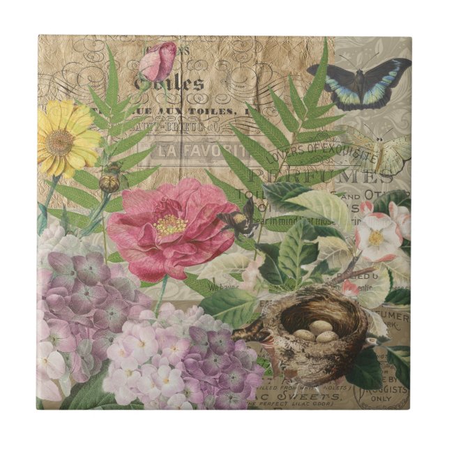 Bird Nest Floral Garden Flower Butterfly Art Ceramic Tile (Front)