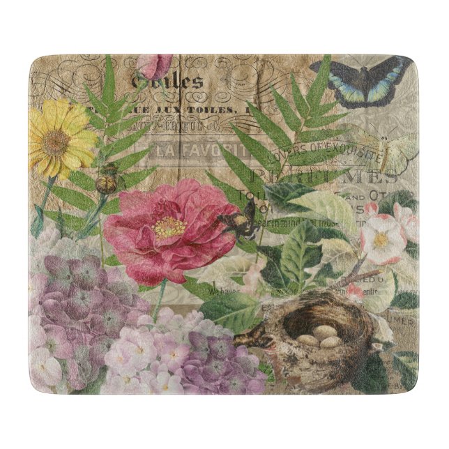 Bird Nest Floral Garden Flower Butterfly Art Cutting Board (Front)