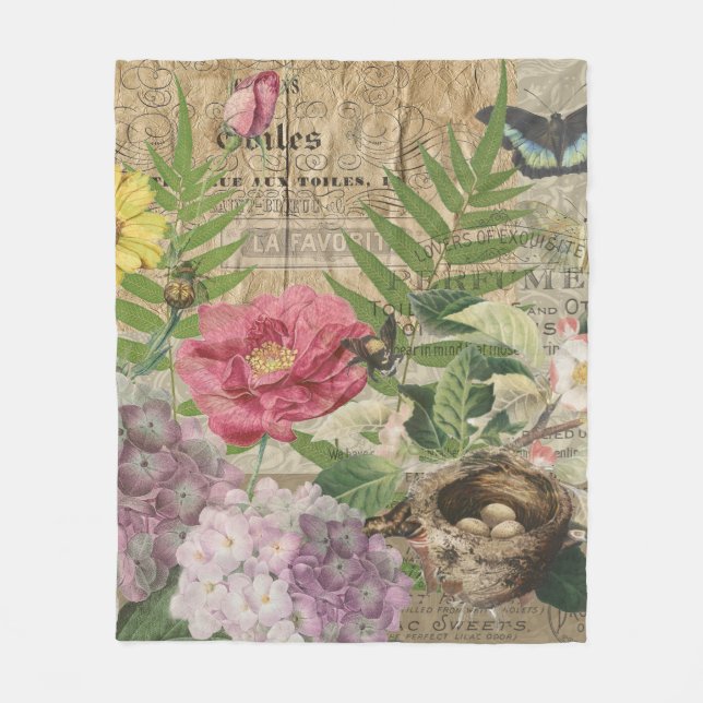 Bird Nest Floral Garden Flower Butterfly Art Fleece Blanket (Front)