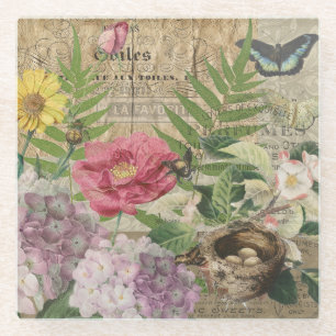 Bird Nest Floral Garden Flower Butterfly Art Glass Coaster