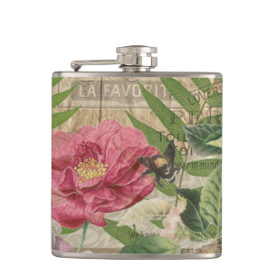 Bird Nest Floral Garden Flower Butterfly Art Hip Flask