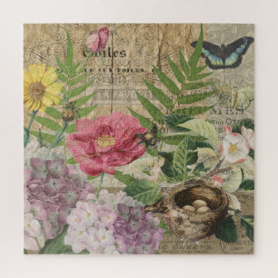 Bird Nest Floral Garden Flower Butterfly Art Jigsaw Puzzle