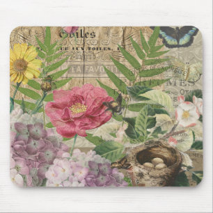 Bird Nest Floral Garden Flower Butterfly Art Mouse Pad