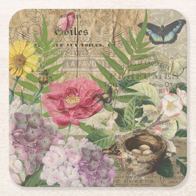Bird Nest Floral Garden Flower Butterfly Art Square Paper Coaster (Front)