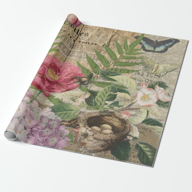 Bird Nest Floral Garden Flower Butterfly Art Wrapping Paper (Unrolled)
