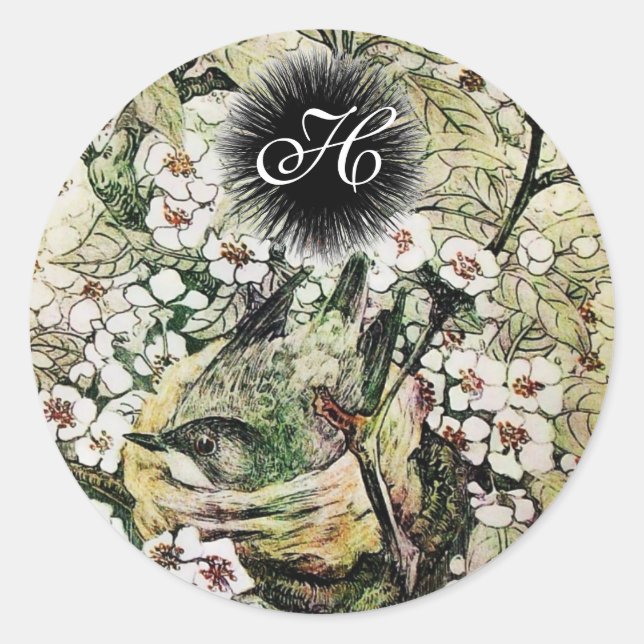 BIRD NEST MONOGRAM ,white brown green yellow Classic Round Sticker (Front)