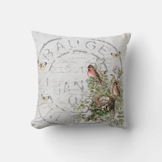 Bird Nest Postmark Butterfly French Script Blue Cushion (Front)