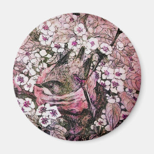 BIRD NEST ,RED WHITE PINK SPRING FLOWERS Floral Magnet