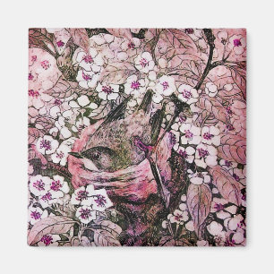 BIRD NEST ,RED WHITE PINK SPRING FLOWERS Floral Magnet