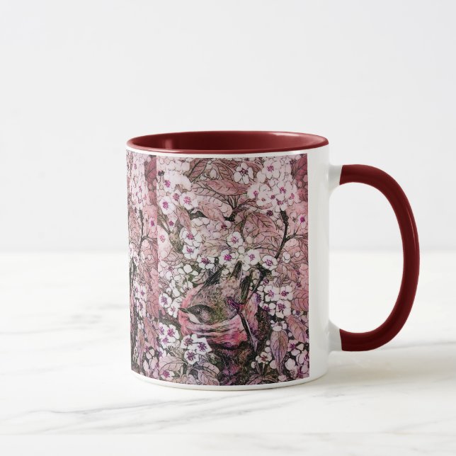 BIRD NEST ,RED WHITE PINK SPRING FLOWERS Floral Mug (Right)