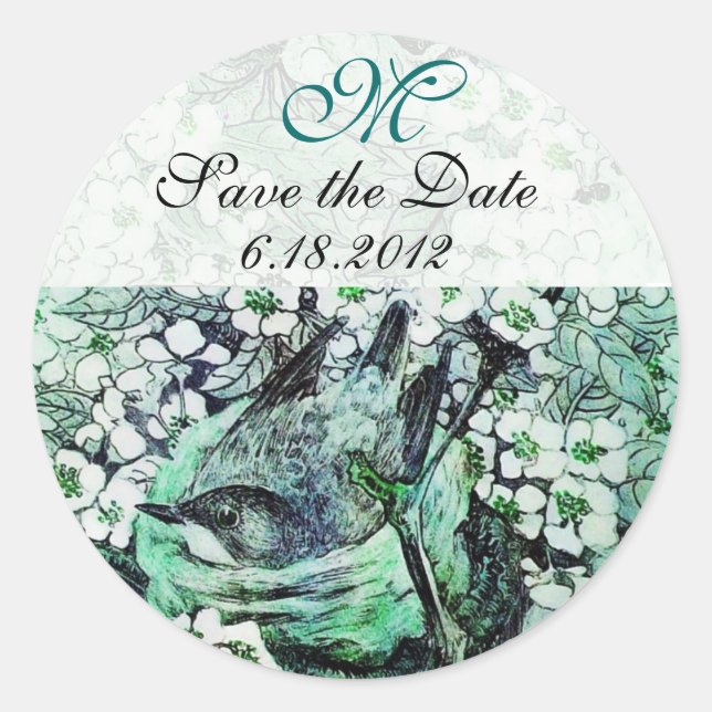 BIRD NEST Save The Date Monogram,White Green Classic Round Sticker (Front)
