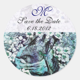 BIRD NEST Save The Date Monogram,White Teal Blue Classic Round Sticker