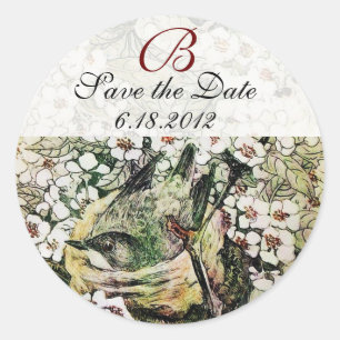 BIRD NEST Save The Date Monogram,White Yellow Classic Round Sticker
