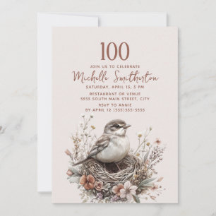 Bird Nest Terracotta Pink 100th Birthday Invitation