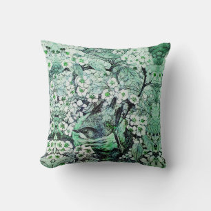 BIRD NEST,TREE GREEN WHITE SPRING FLOWERS Floral Cushion