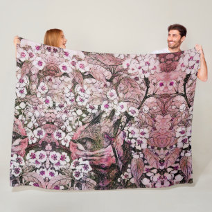 BIRD NEST, TREE ,PINK WHITE SPRING FLOWERS Floral Fleece Blanket