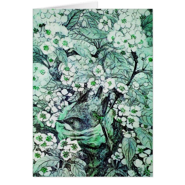 BIRD NEST ,TREE WITH GREEN WHITE SPRING FLOWERS (Front)