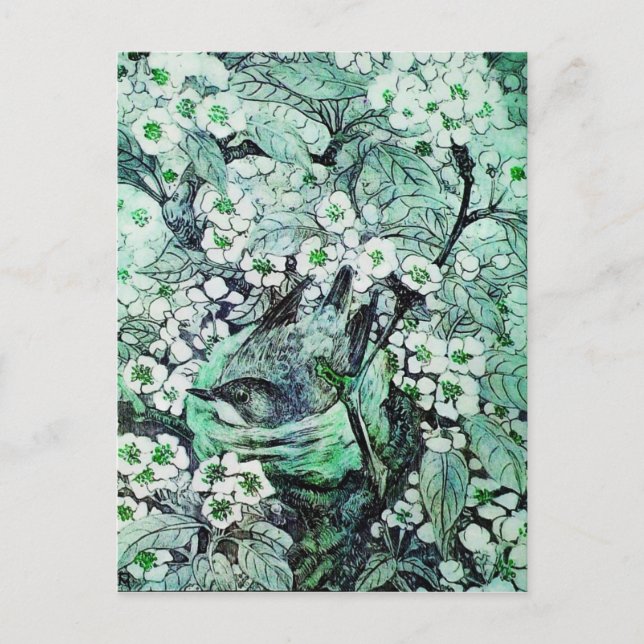BIRD NEST ,TREE WITH GREEN WHITE SPRING FLOWERS ANNOUNCEMENT POSTCARD (Front)