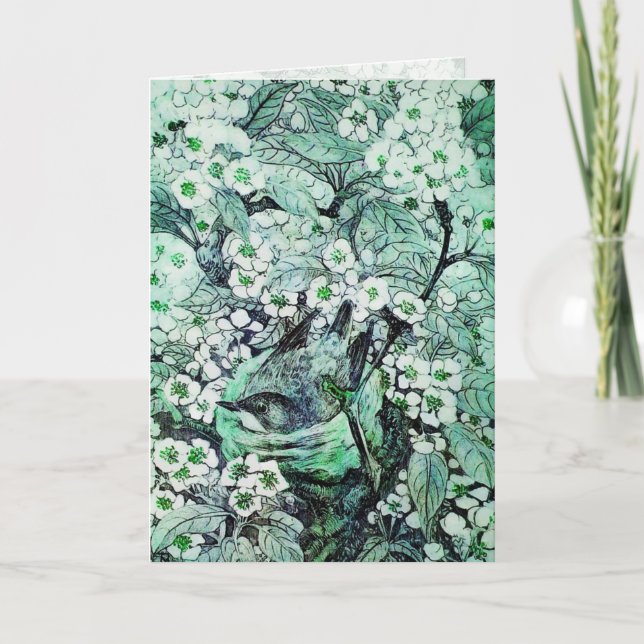 BIRD NEST ,TREE WITH GREEN WHITE SPRING FLOWERS HOLIDAY CARD (Front)